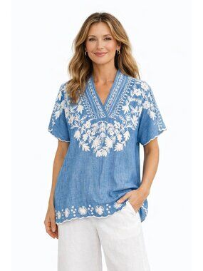 Blue Floral Chambray Demin Boho Embroidered V-Neck Top By A&A Clothing Women M